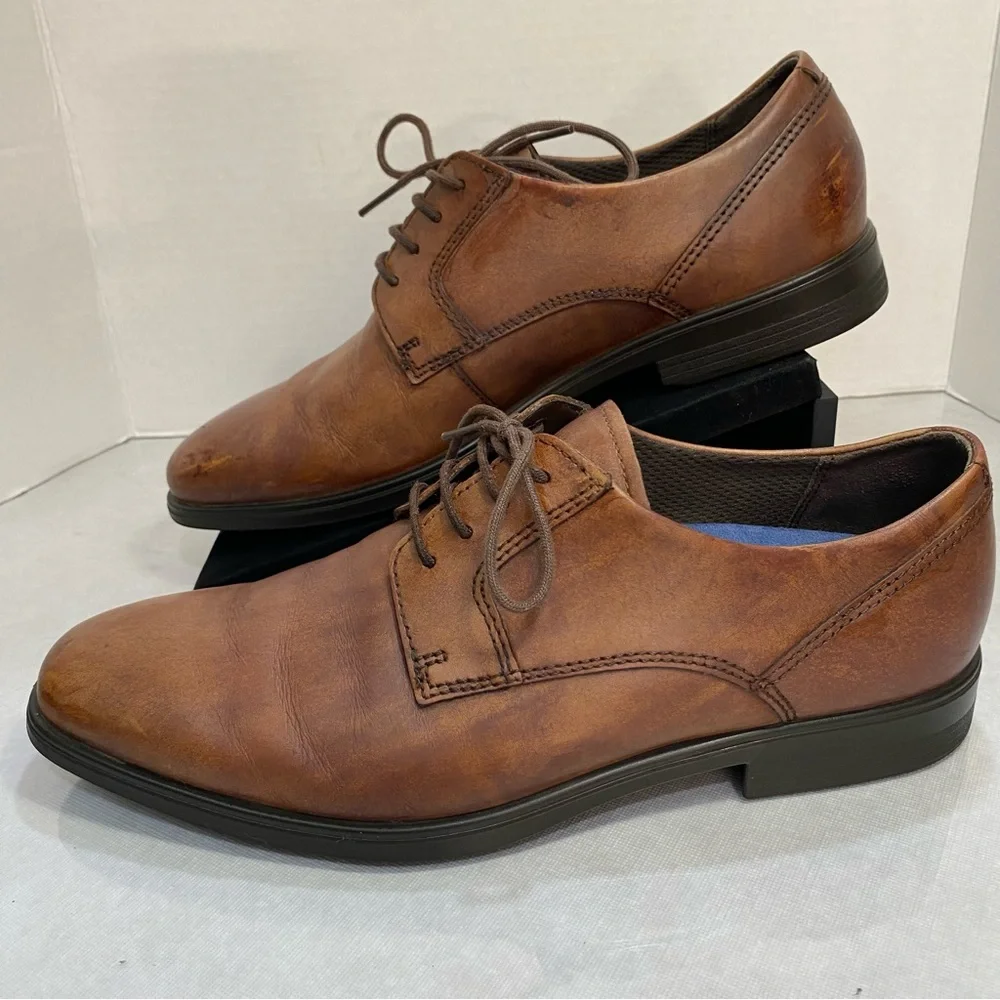 ECCO Cognac Leather Derby Dress Shoes EU 43 US 9–9.5 Comfort Plain Toe